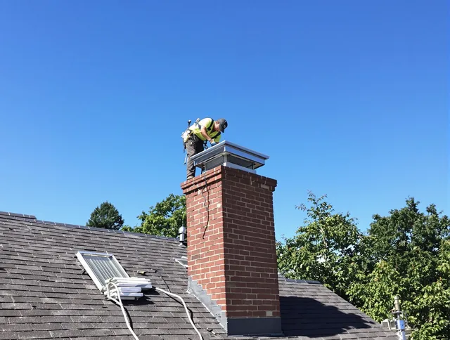 Southborough Chimney Sweep technician measuring a chimney cap in Southborough, MA
